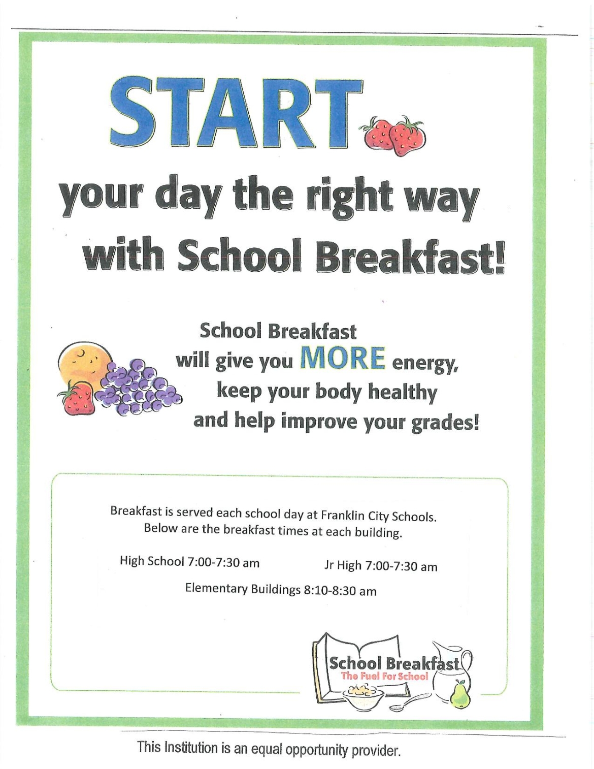 A flier with times that breakfast is served at Franklin City Schools.